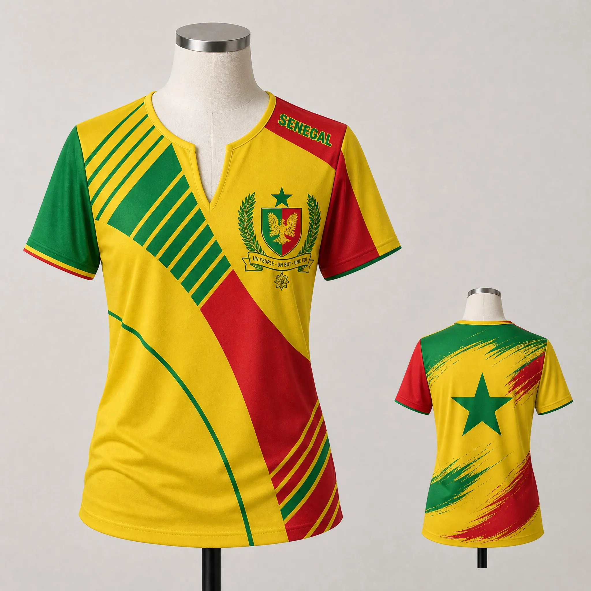 Womens Senegal Small V Neck T Shirt Yellow Red Green Crest Star Stripe Print Casual Summer Short Sleeve Tops Heritage Daily Wear