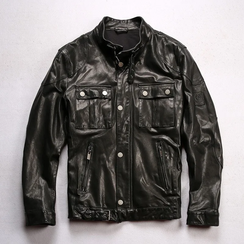 Men's leather with a stand-up collar and multiple pockets for motorcycles vegetable-tanned cotton