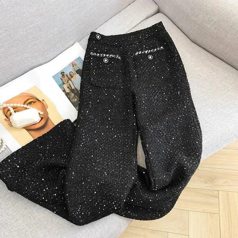 Temperament High Waist Slim Straight Wide Leg Pants Pantalones Mujer Black Tweed Cargo Sweatpants