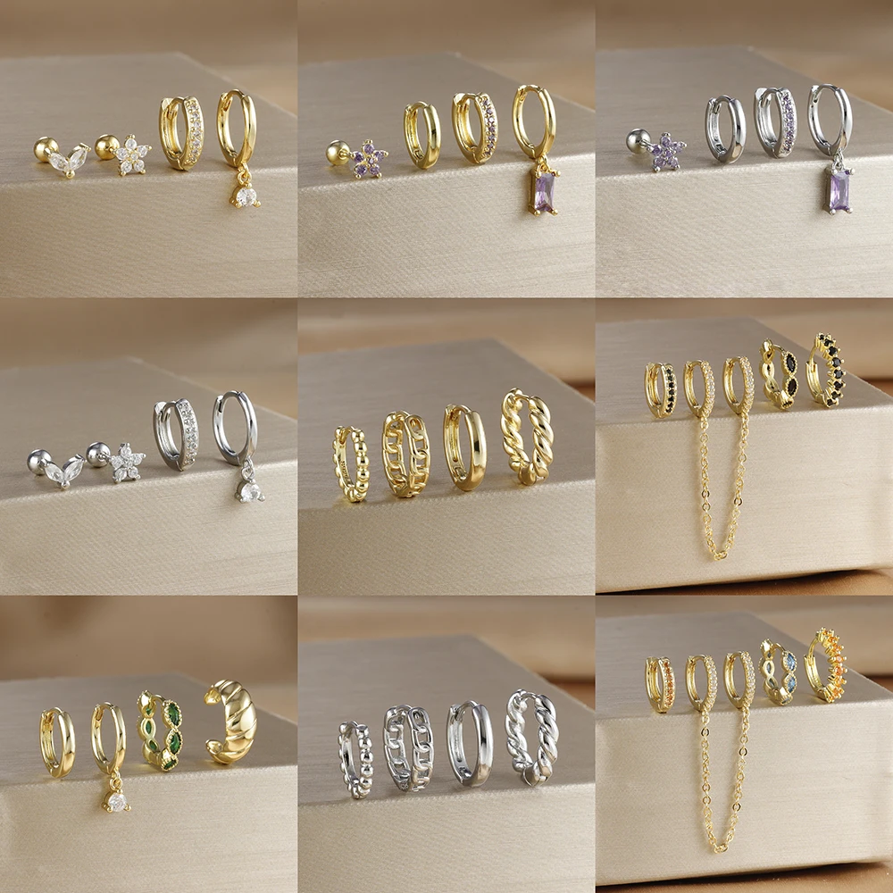 4PCS Stainless Steel Cubic Zirconia Star Leaves Hoop Earrings Set for Women 18K Gold Plated Long Chain Piercing Jewelry Aretes