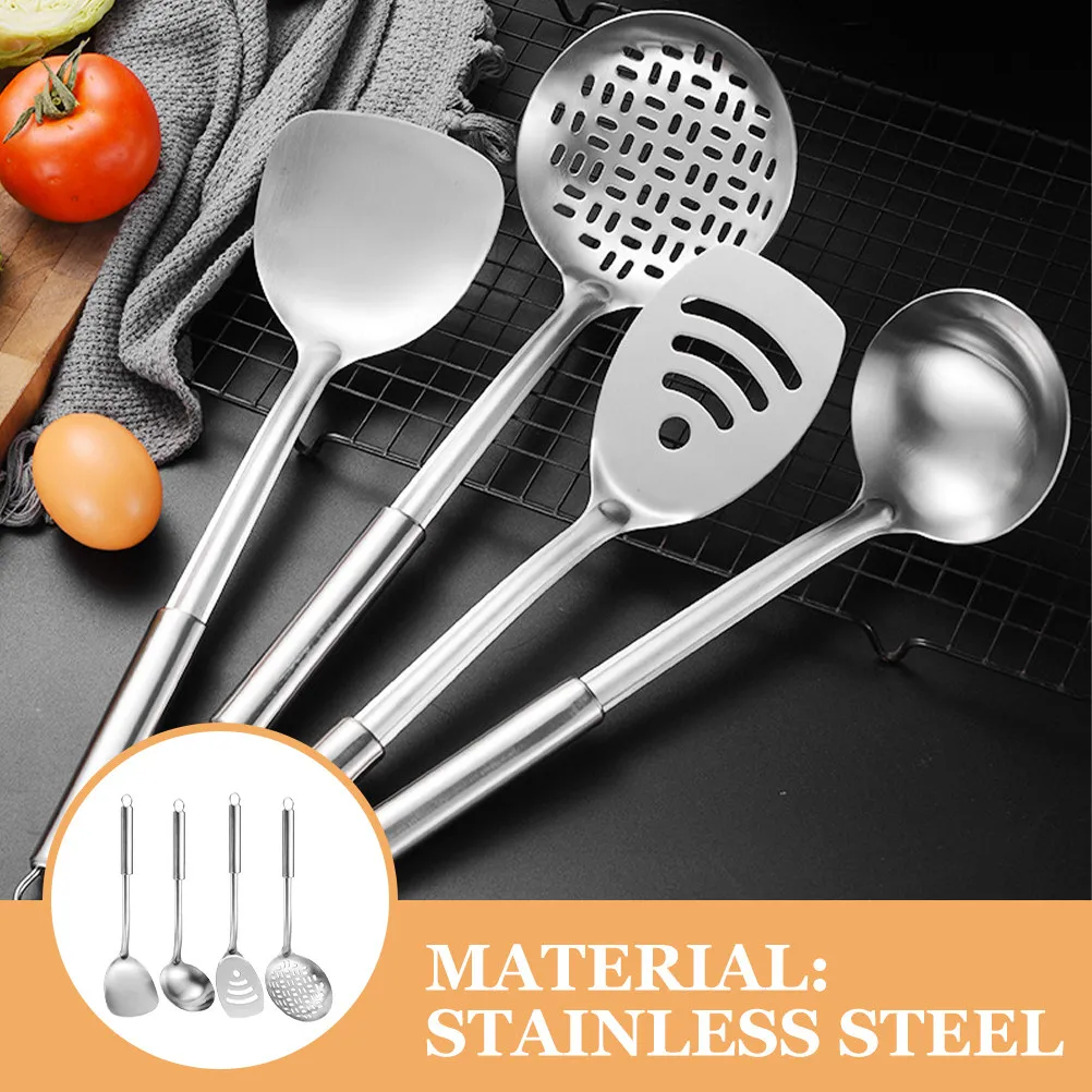 1Set Cooking Utensil Set Stainless Steel Kitchen Utensils Ergonomic Anti-Scalding Handle Hanging Hole Wok Spatula Spoon