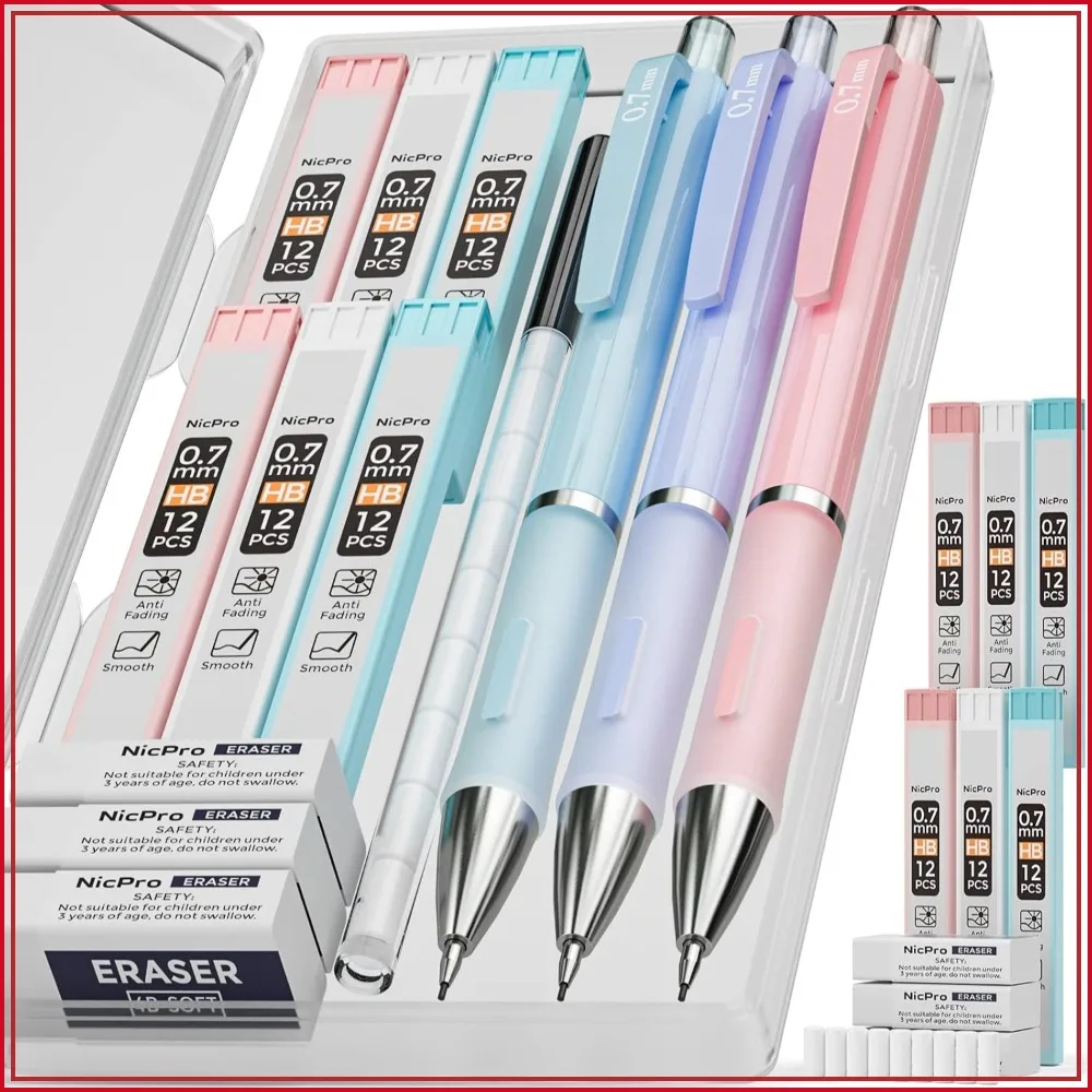 

3PCS Cute Mechanical Pencil Set with Case, 0.7mm Pencils, 6 Tubes Lead Refill, Erasers & Refills for School Writing, Drawing, Sketching