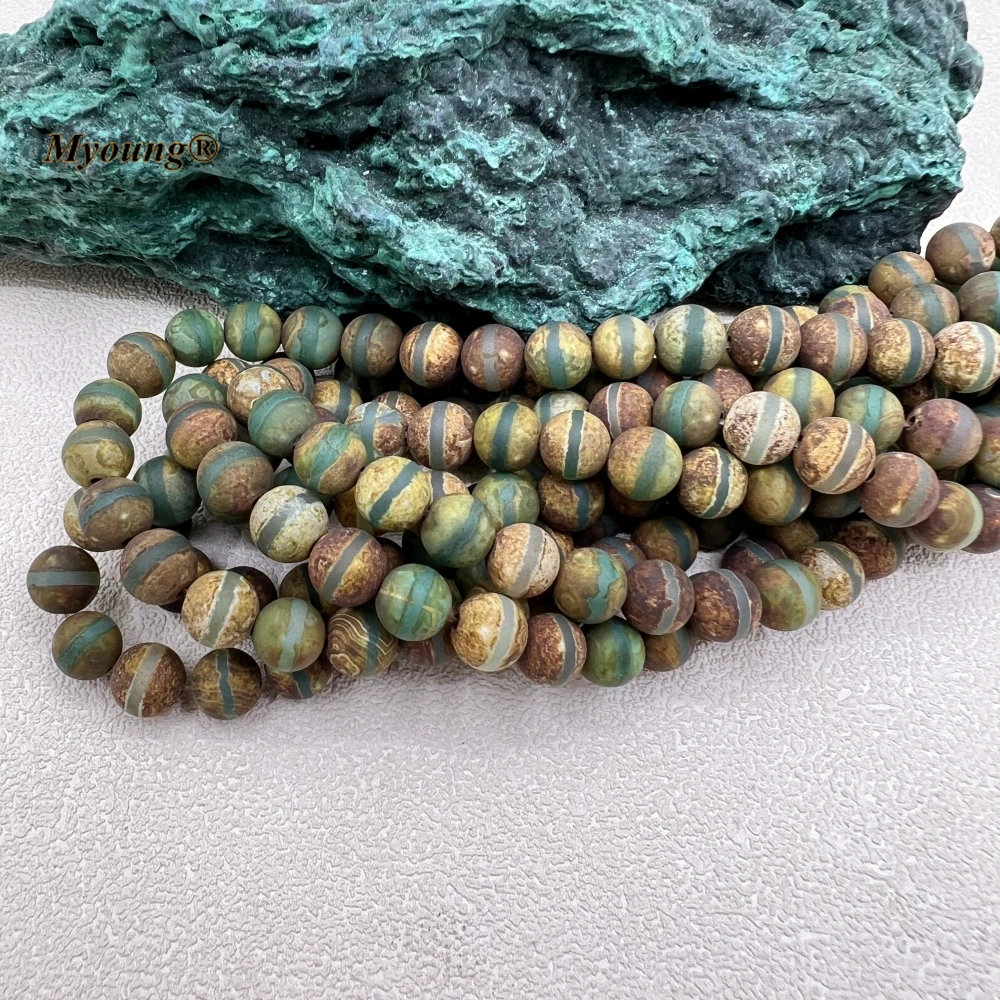 5Strands One Green Line Tibet Dzi Agates Round Loose Beads Antique Tribal Ethnic Agat Stone Beads For DIY Jewelry Making