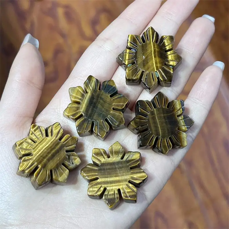 3PCS Natural Tiger Eye Stone Sunflower Carving Gemstone Reiki Healing Stone Lucky Crafts Room Desk Decoration Statue Gift