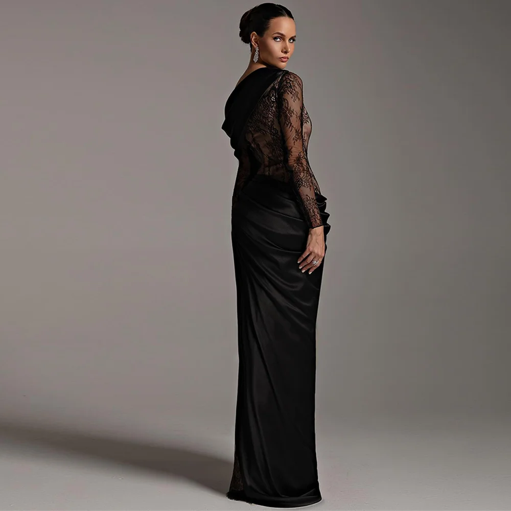 Charming Black One-Shoulder Lace Evening Dress with Long Sleeves Simple Satin Celebrity Gowns Customized Saudi Arabia Prom Dress