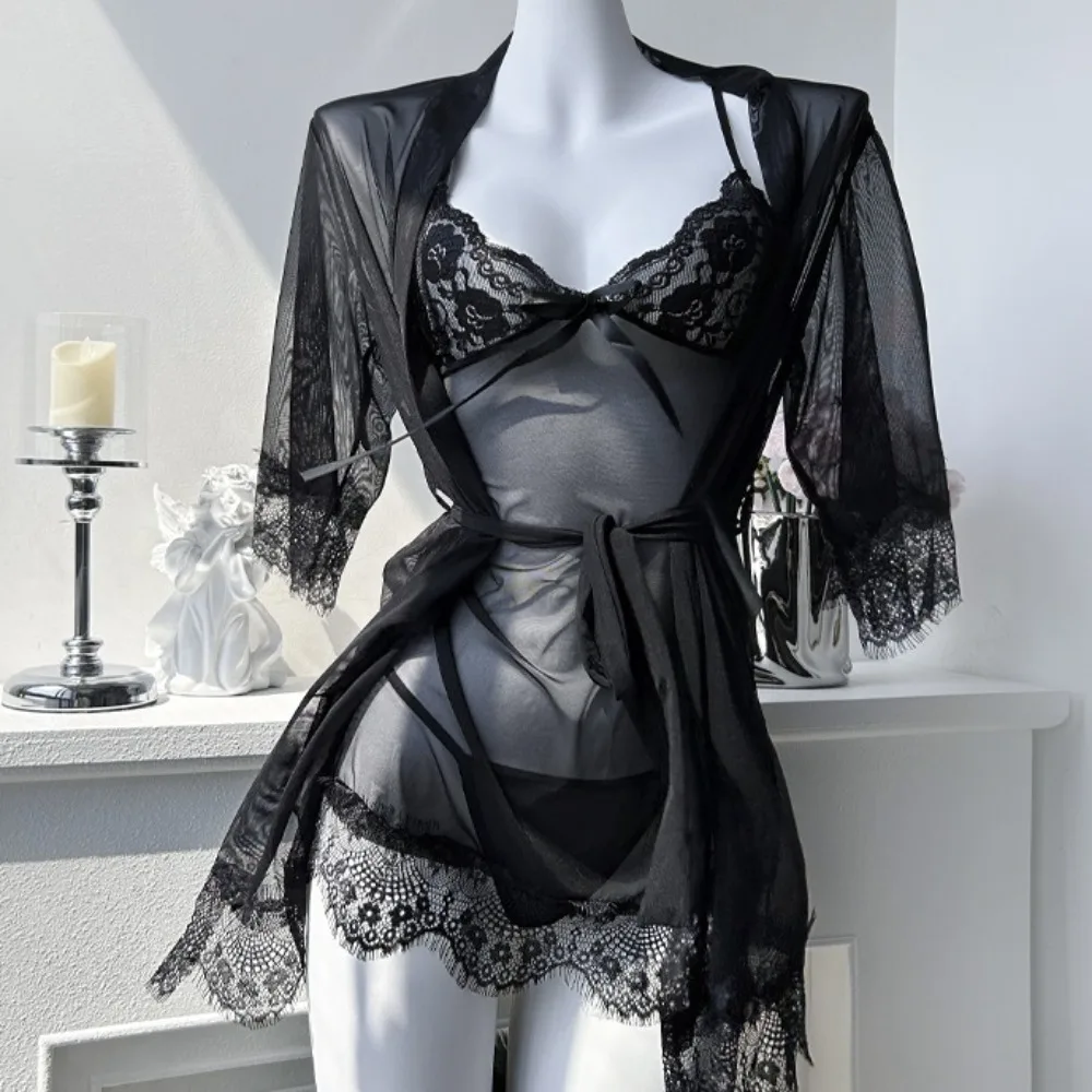 

Transparent Lace Suspender Nightdress Deep V Neck Backless Mesh Sling Nightgown Ice Silk Women Lingerie Sleepwear Robe Set Lady