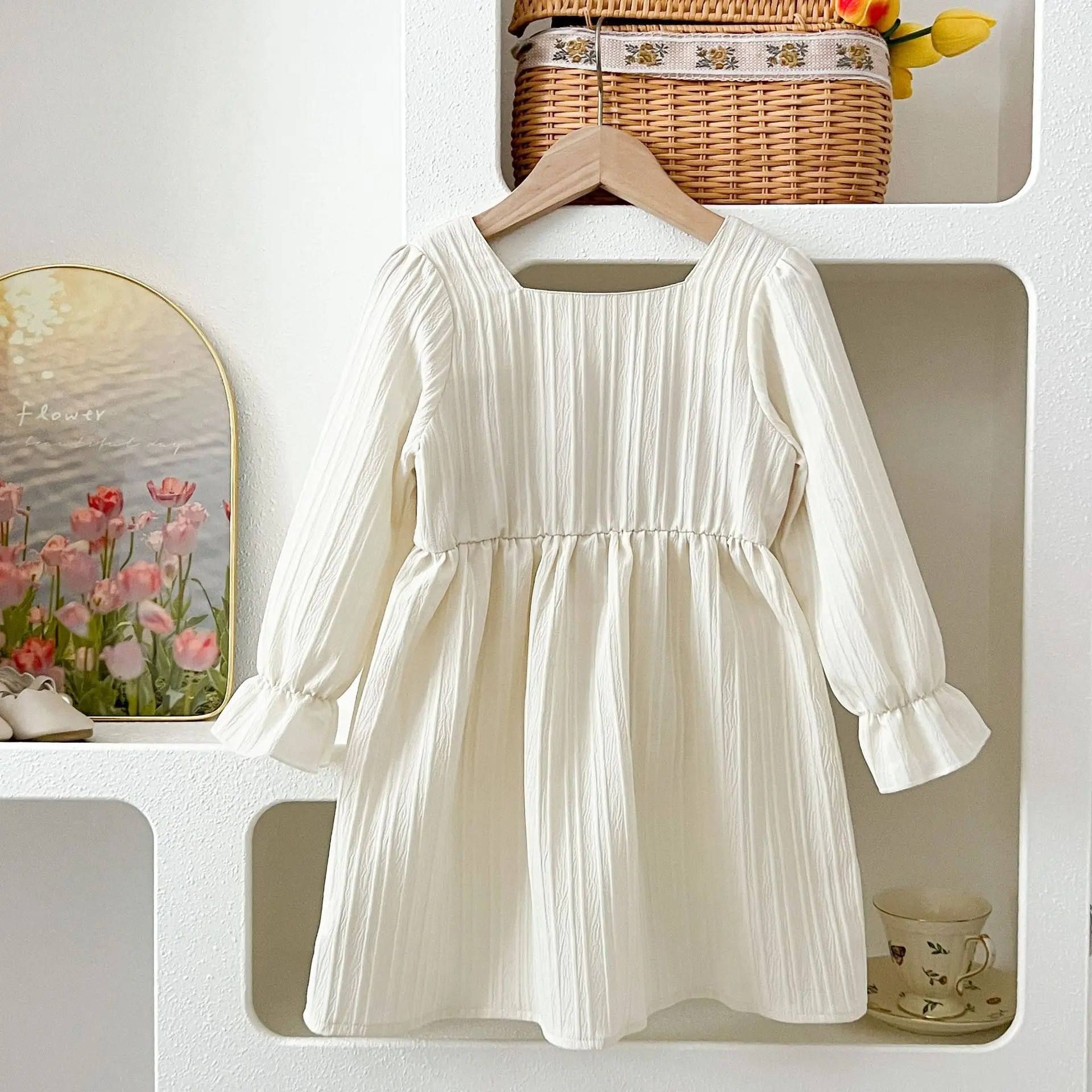 Kids Long SleeveDresses Autumn New Sweet Girls  Square Collar Floral Embroidered Princess Dresses Casual Children's Clothes