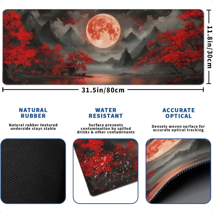 Darkn Red Moon Mouse Pad Abstract Red Mouse Pad 31.5x11.8 Inch Texture NonSlip Rubber Base Large Mousepad Stitched Edges Keyboa