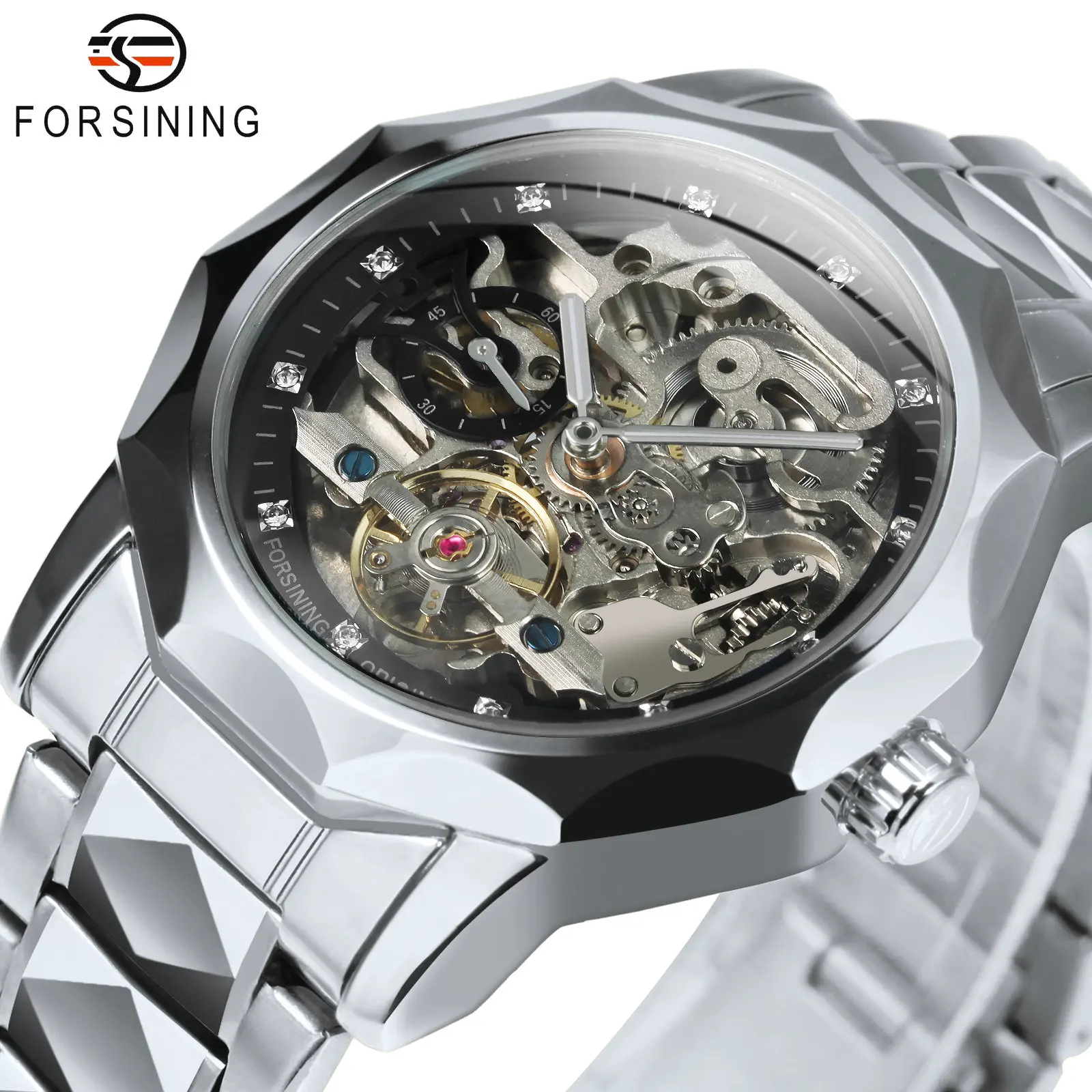 Forsining Fashion Tourbillon Skeleton ساعة ميكانيكية أوتوماتيكية للرجال مضيئة الأيدي مثلج خارج الساعات حزام الفولاذ المقاوم للصدأ #1