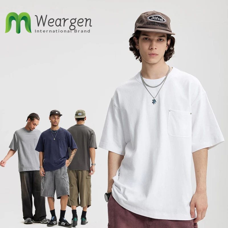 

Men Pure Cotton Heavy Linen Cotton Rivet Pocket T-shirt Summer New Trendy Brand Loose Short-Sleeved Solid Color Top 8032S25