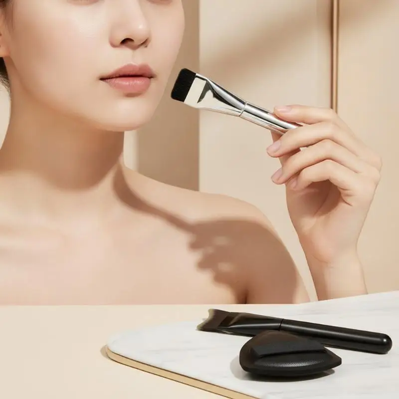 3Pcs One-character Ultra Thin Foundation Brush Set with Makeup Puff Travel Friendly Mini Size for Short Trip Overnight Stay Mak