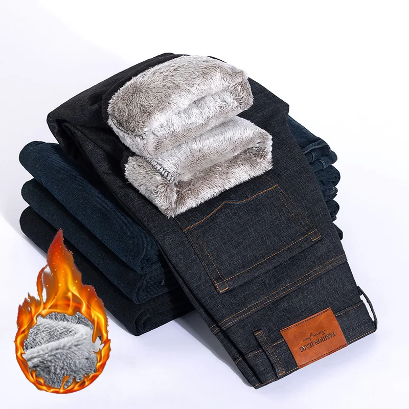Men Chic Snow Warm Plush Fleece Jeans Male High Quality Loose Straight Leg Trousers Comfortable Daily Commute Fleece Denim Pants