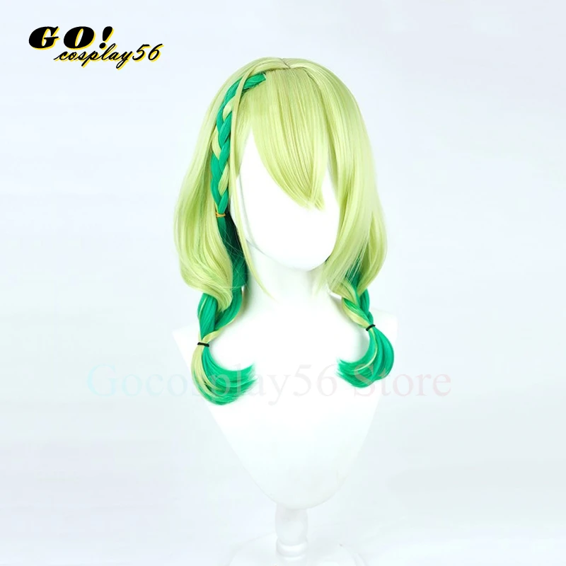 Ceres Fauna Cosplay Wig Outfit Kimono Girls Mixed Green Long Curly Braided Hair VTuber Headwear