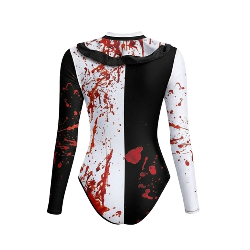 Horror Clown Costume Womens Black White Blood Splatter 3D Print Long Sleeve Front Zipper for Halloween Carnival Cosplay Outfit view 3