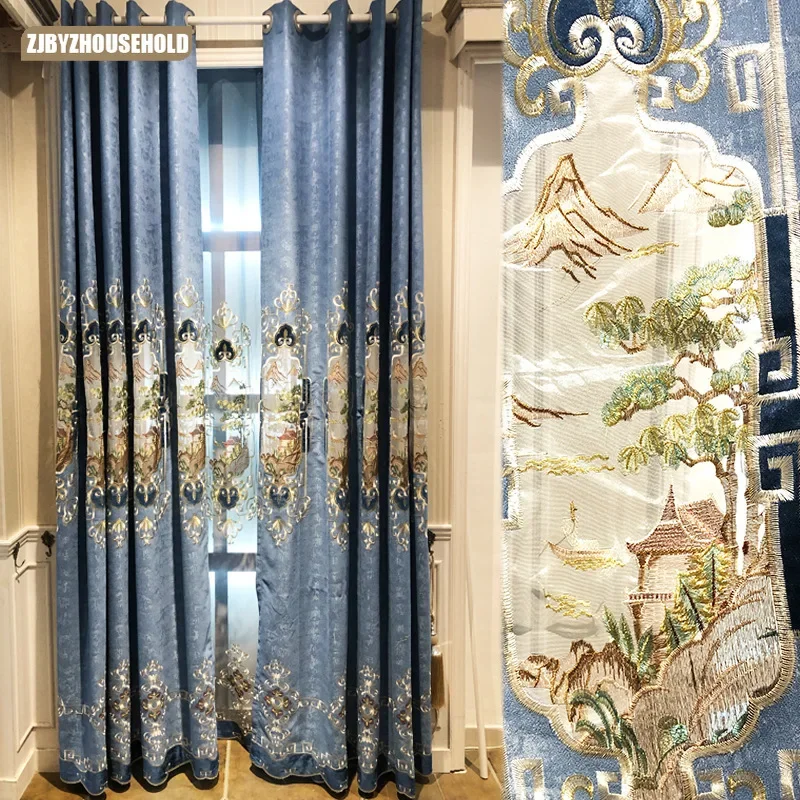 

New Chinese Style Curtains for Living Room Bedroom Landscape Painting Hollow Embroidered Luxury Window Curtains Customization