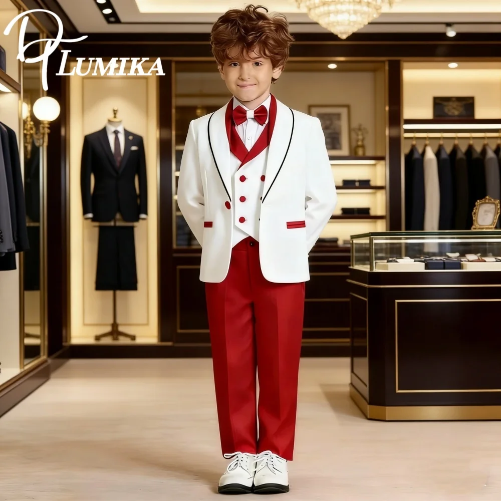 Stylish Occasion Wear Kids White Red Contrast Formal Multi Piece Suit Set Eye Catching Design Perfect For Festival Performance