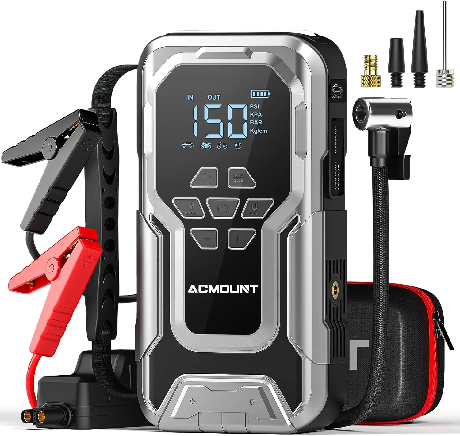 ACMOUNT 5-in-1 Jump Starter, 3500A Car Jumper Battery Pack with 150PSI Tire Inflator, LCD Display, LED Light