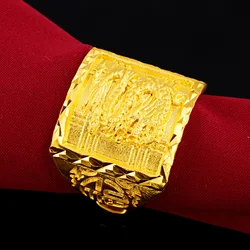 9999 24K Real Gold Ring, Domineering Dragon Pattern Boss's Good Luck Ring, Men's and Women's Dragon Head Ring Father's Gift