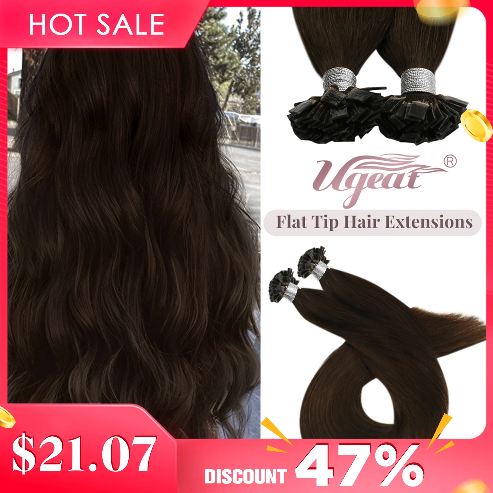 Ugeat Flat Tip Hair Extensions Human Hair Fushion Remy Hair 14-24\