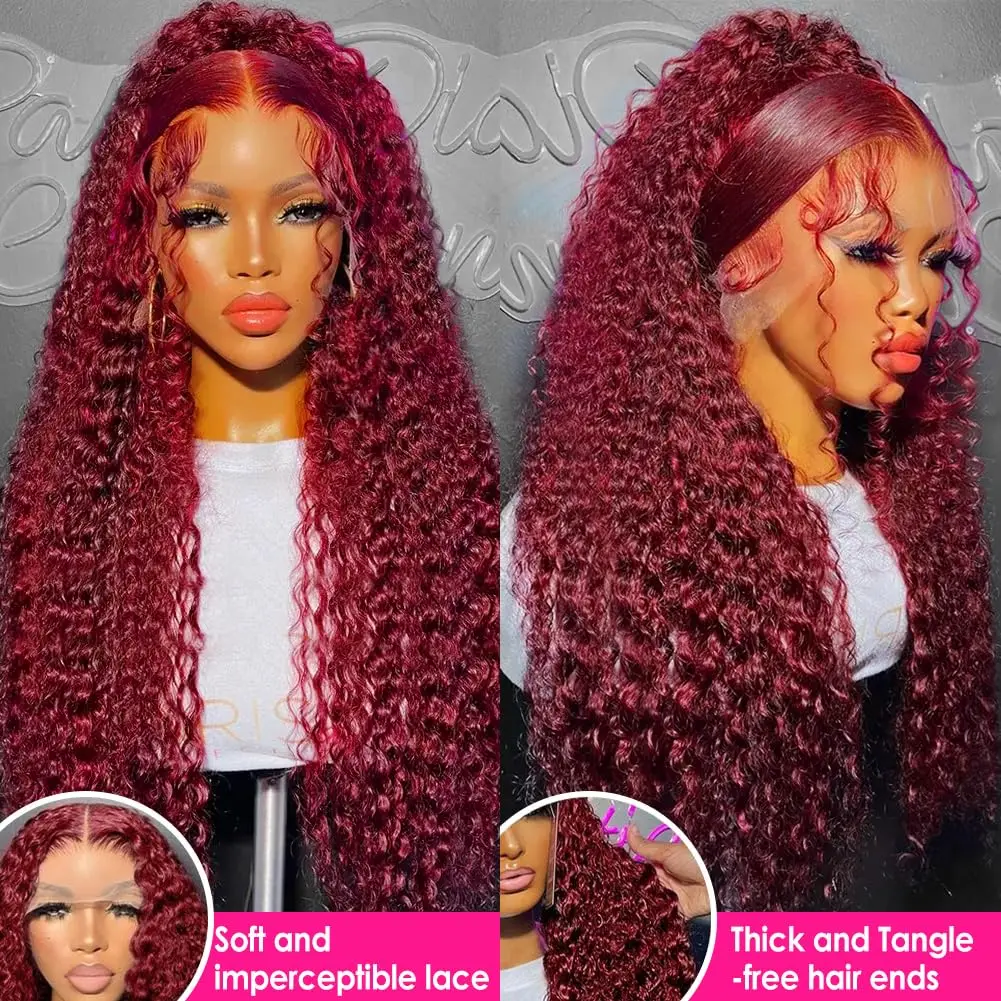 red wig 99J curly 100% human hair wigs burgundy 13x6 hd lace frontal human hair wig deep wave water wave colored wigs Lace wig