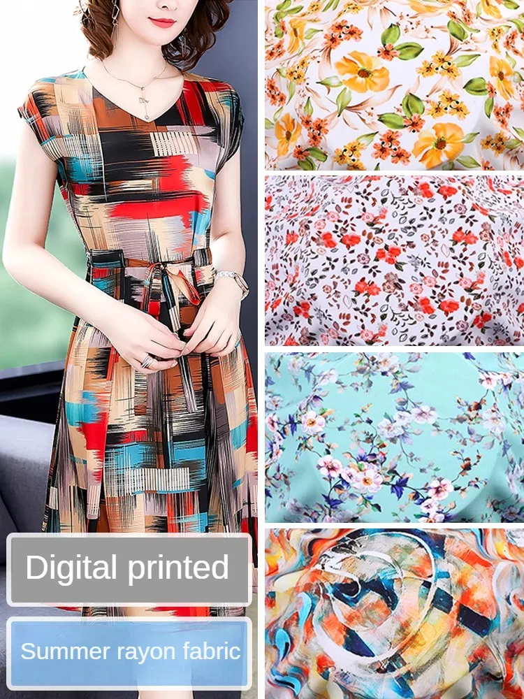 Summer Printed Rayon Fabric Per Meter for Needlework Dresses Clothes Beddings Pajamas Sewing Cloth Flower Soft Smooth Breathable