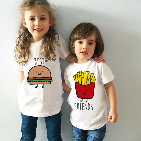 2023 Fashion Best Friend Hamburger Fries Print Kids Boys Girls T-shirt Summer Tops Funny Children Tee Casual Shirt Tops White