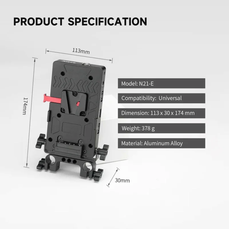 

Nitze V Mount Battery Plate with 15mm Rod Clamp, USB-A/USB-C/D-Tap/DC Output Ports and Power Switch Power Supply Splitter -N21-E