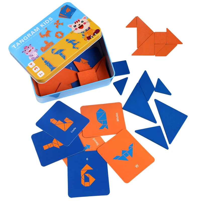 Wood Tangram Jigsaw Puzzle w/ Control Cards Creative Game for Children Early Educational Learning Toys Hand-eye Coordination