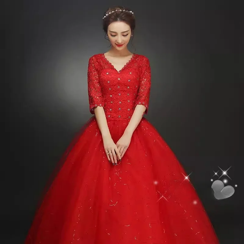 It\'s Yiiya Red Wedding Dresses Lace Crystal V-neck Half Sleeves Sequins Bling Princess Floor-length Plus size Bride Ball Gowns