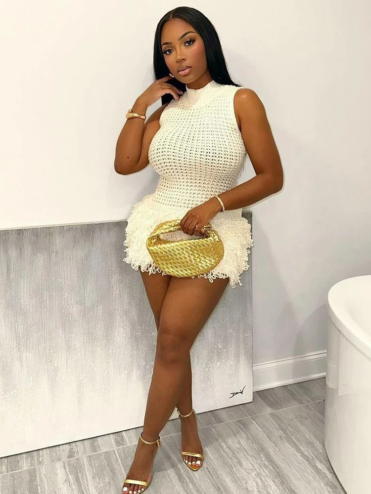 Weird Puss Crochet Dress Women Sexy Chic Y2K Summer Trend Tassel Hem Sleeveless Stretch Fashion Beach Vacation Clubwear Bodycon