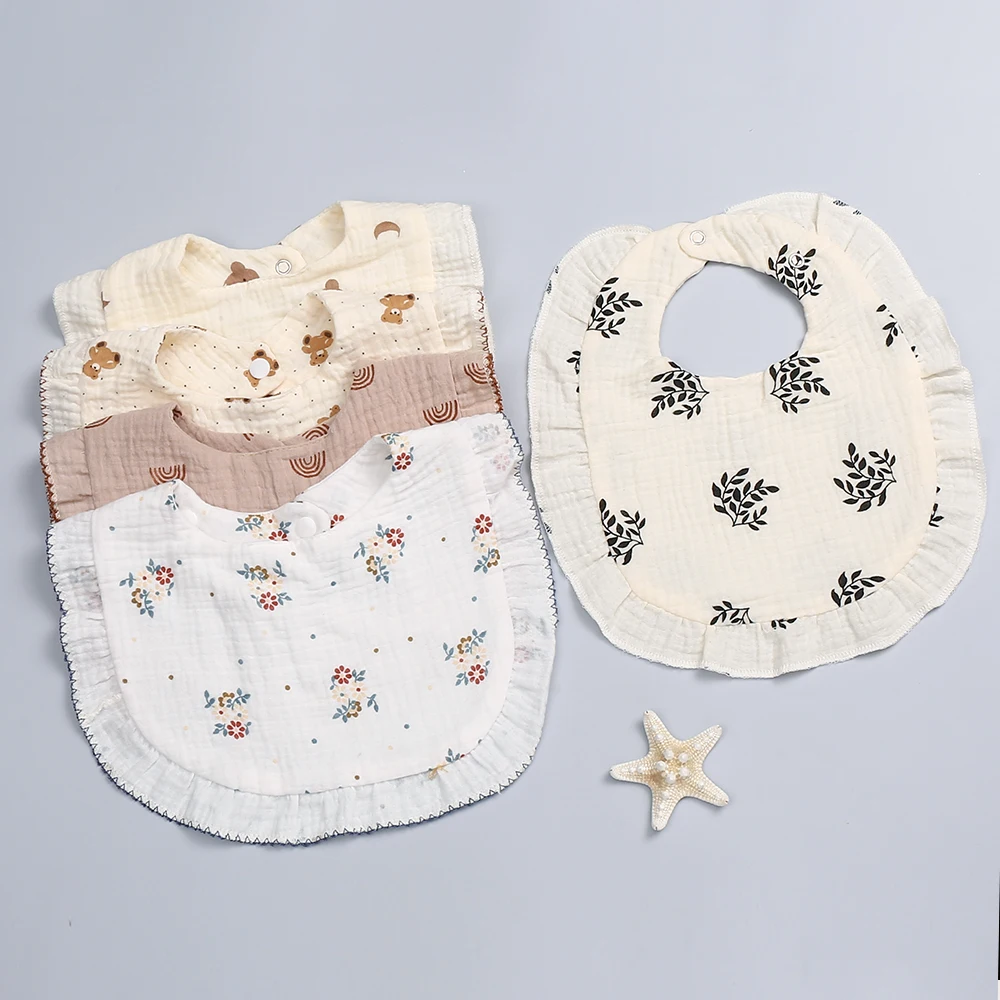 New U-type Baby Bib Embroidery Lace Wave Point Cute Cartoon Animal Cotton Gauze Drool Bibs Soft Cotton Burp Cloth Feeding