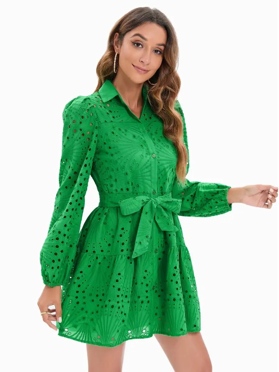 Summer Dress Women 2022 New Clothes Hollow Out Sleeve High Quality Embroidery Green Lace With Lining Side Feminino Mini Vestidos