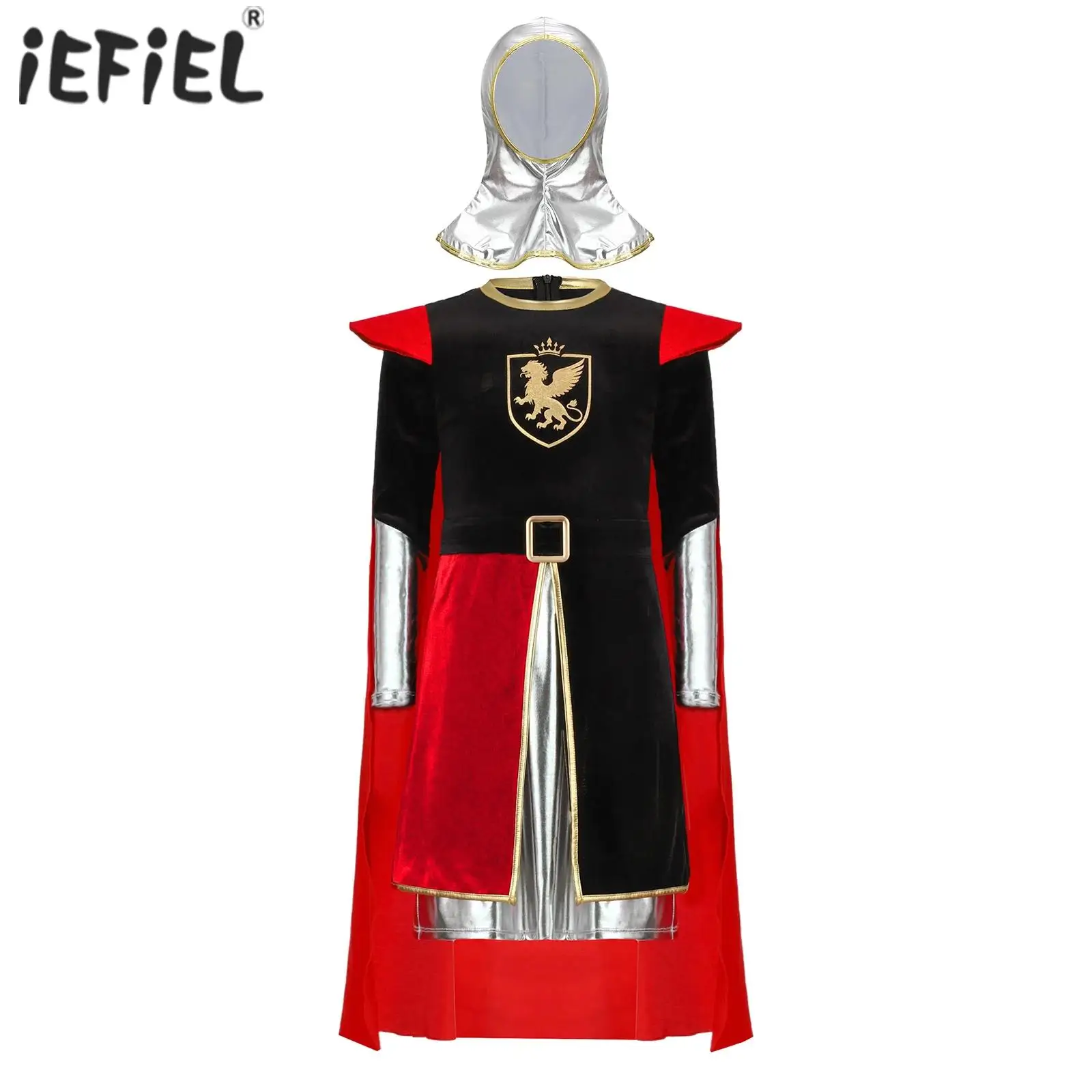 

Kids Boys Knight Costume Metallic Gloss Cosplay Dress Color Block Pattern Print Mock Neck Long Sleeve Top with Cape and Coif