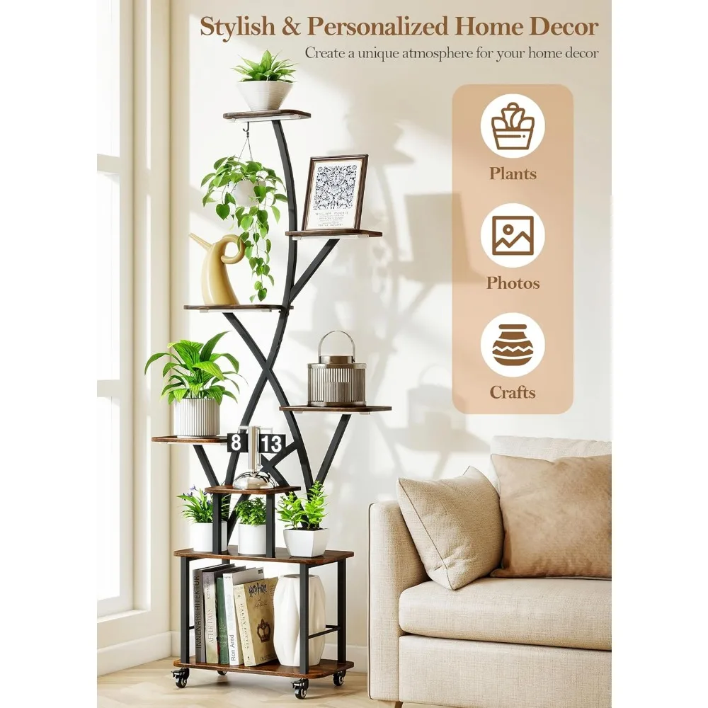 Soporte alto para plantas de interior con ruedas y luces de cultivo, 64 de altura, metal de varios niveles para iluminar plantas de esquina