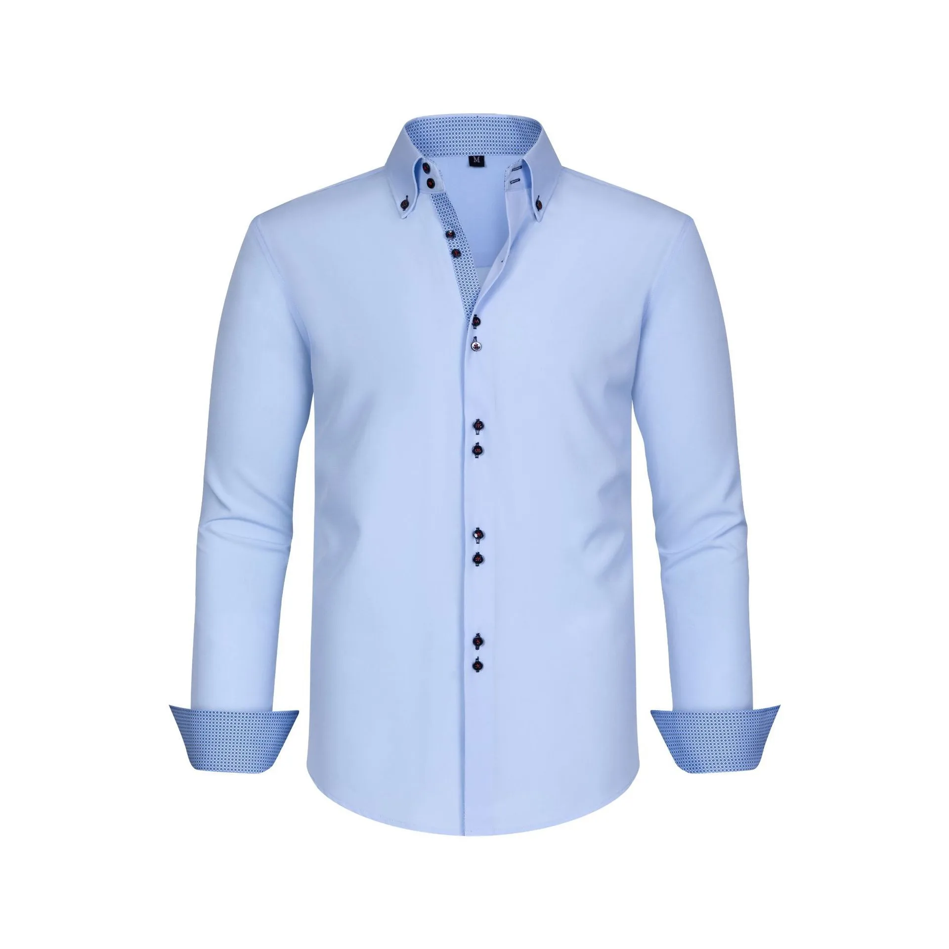 

Luxury Men's High Elasticity Turn-Down Collar Shirt, Wrinkle-Free Double Breasted Color Block Long Sleeve Casual Button Up Shirt