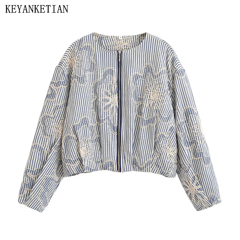 

KEYANKETIAN Autumn New Women's Clothing With Open Thread Embroidery Zipper Stripe Pilot Jacket And Women Top
