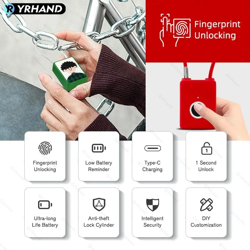 YRHAND Fingerprint Child Padlock Combination Padlock Suitcase Luggage New Metal Code Lock Mini Fingerprint Keyed Anti-Theft Lock