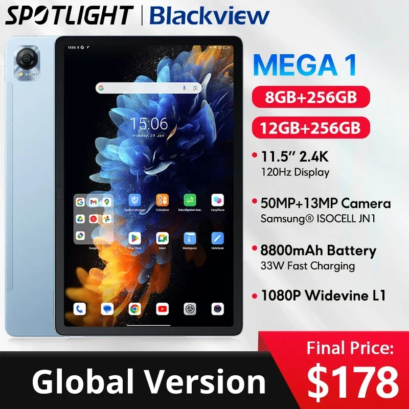 【World Premiere】Blackview MEGA 1 11.5 inch 2.4K 120Hz Display 8GB/12GB 256GB 50MP+13MP Camera 33W Fast Charging 8800mAh Battery