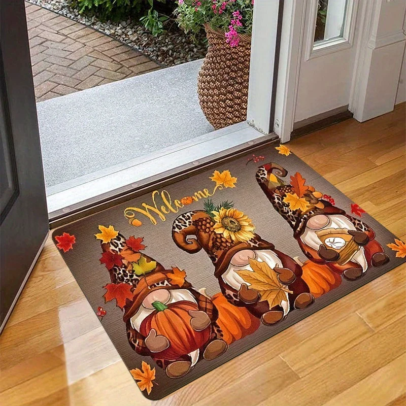 1pc Charming Autumn Dwarf Doorway Mat,Non-Slip,Mat with Festive Gnome&Pumpkin Design for Indoor/Outdoor Entryways