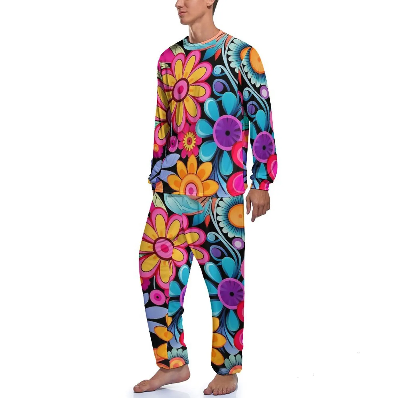 Psychedelic Flower Power Print Pajamas Long-Sleeve  2 Pieces Home Pajamas Set Daily Men Graphic Warm Sleepwear