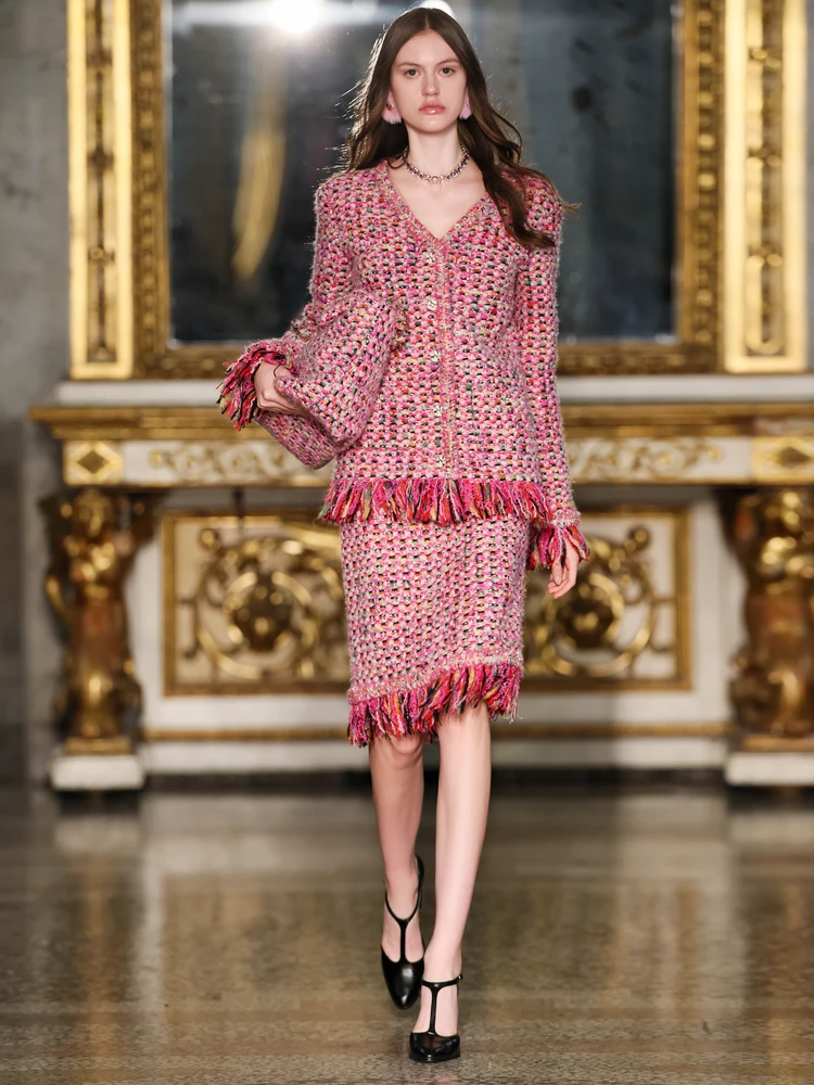 

Limited Edition Milan Show Style Scop Fabric Set Women's Fashion Set Short Coat Long Pants Long Sleeve round Neck Button up