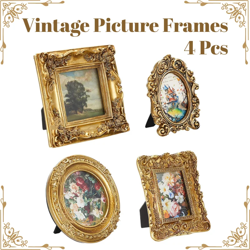 

4pcs Small Vintage Picture Frames Gold Frames Antique Photo Frame European-style for Wall Hanging Tabletop Display Wedding