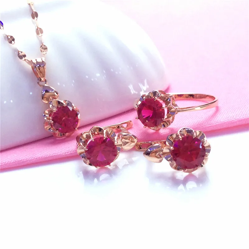 Ruby Flower Women's Jewelry Set Sophisticated Glamour Wedding earrings for women 585 Purple Gold 14K Rose Gold necklaces rings