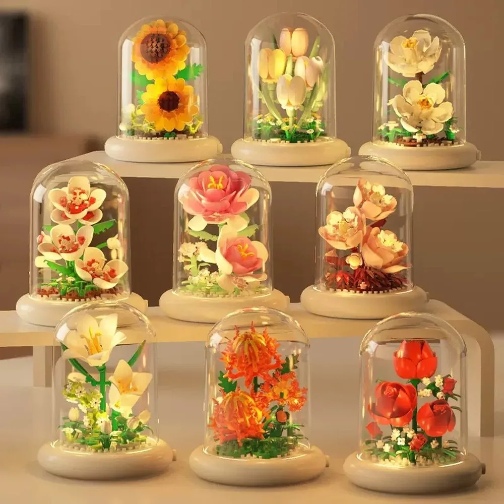 Micro Particle Building Blocks Artificial Forever Flower Lily Rose Camellia DIY Assembly Ornament Valentine Mothers Day Gift