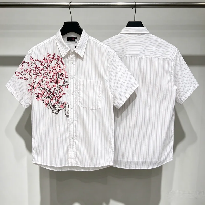Embroidery Cherry Blossom Sakura Derschutze Short Sleeve Shirt Men Women High Quality Streetwear Loose Shirt V-shape Blouse