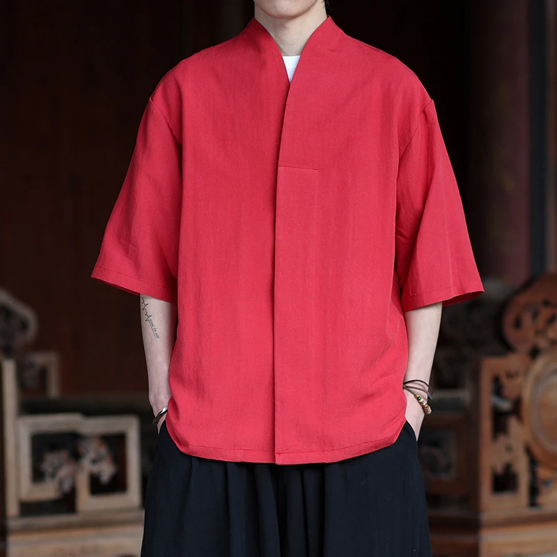 

Мужская повседневная рубашка в китайском стиле, новинка 2026 года, летняя, винтажная, с воротником-стойкой, однотонная, свободного кроя, с коротким рукавом, N127
