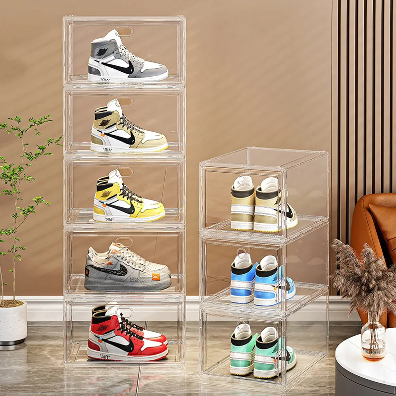 Thickened, Fully Transparent, Enlarged Magnetic Side-opening Front Door, Stackable Acrylic Display Shoe Rack and Shoe Box