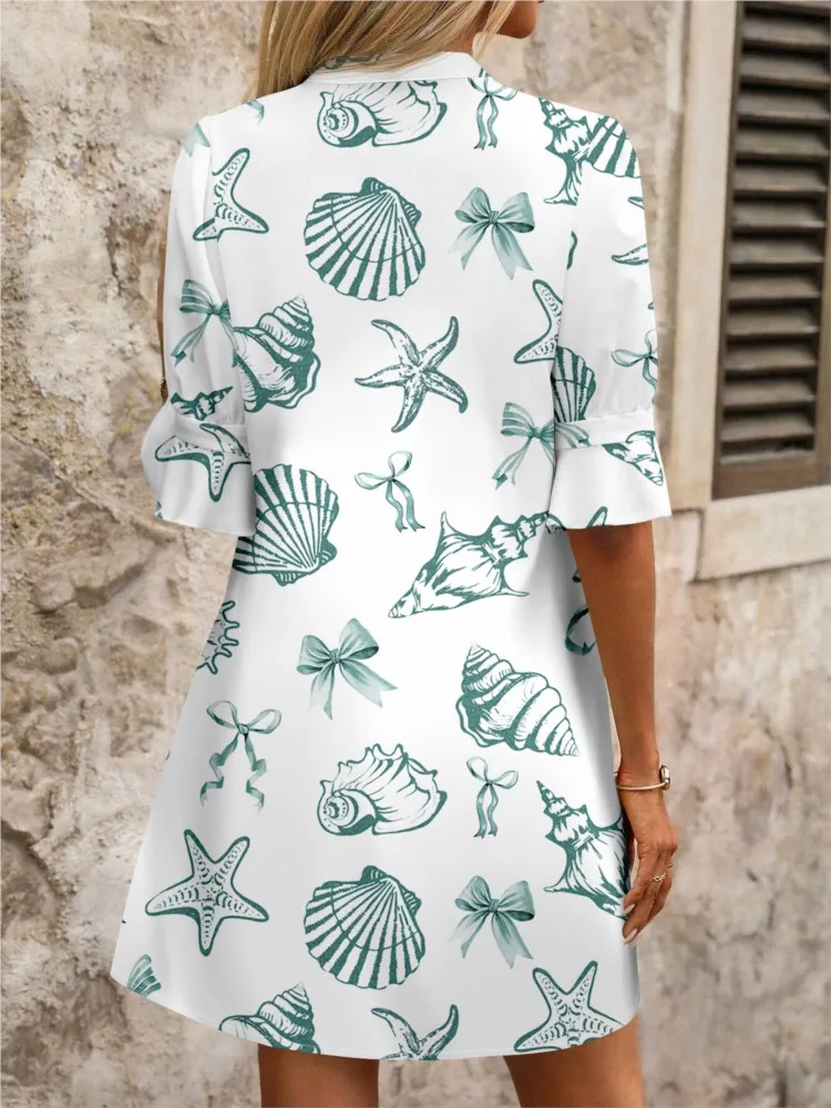 ชุดเดรสพิมพ์ลายลำลองสำหรับผู้หญิง แฟชั่นแขนสั้น คอวี ทรงหลวม มินิเดรส สำหรับวันหยุดพักผ่อน ปาร์ตี้ริมชายหาด เสื้อผ้าผู้หญิงแบบใหม่