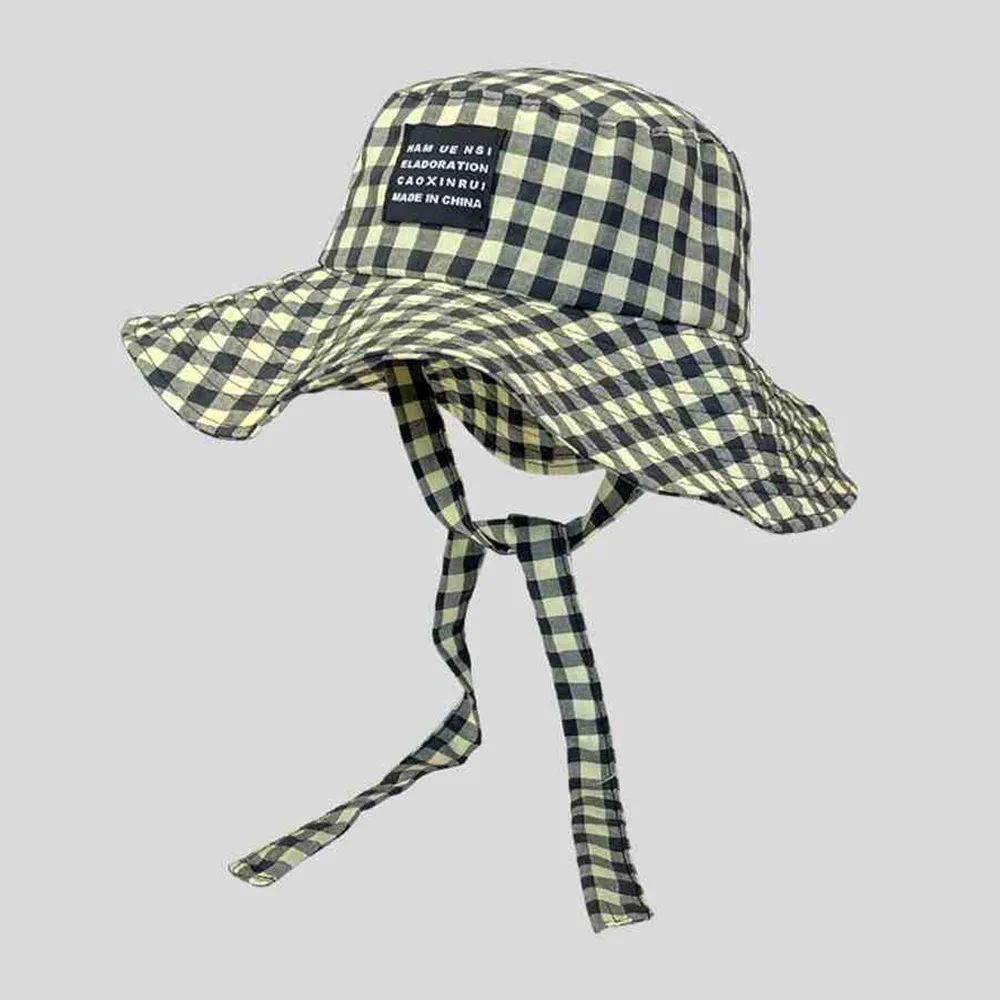 

Sun Protection Hiking Fisherman Hat Small Lattice Big Brim Plaid Hiking Cap Visor Sunscreen Drawstring Sun Hat Mountaineering