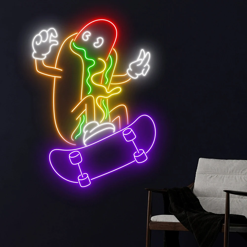 

Hot Dog Skateboarding Neon Sign Fast Food Restaurant Wall Decor Custom Neon Sign Kitchen Decoration Led Light Hot Dog Lover Gift